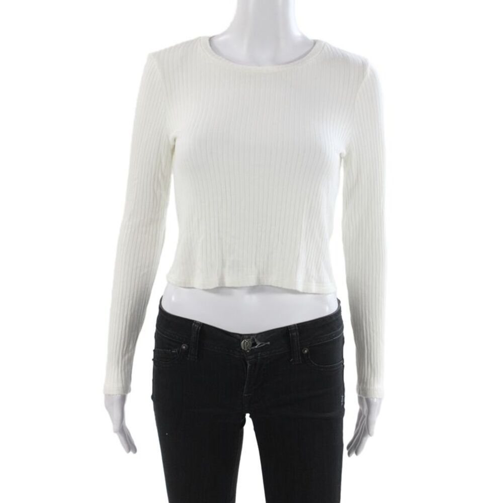 Reformation Women Cropped Striped White Tencel Long Sleeve Tee Size S